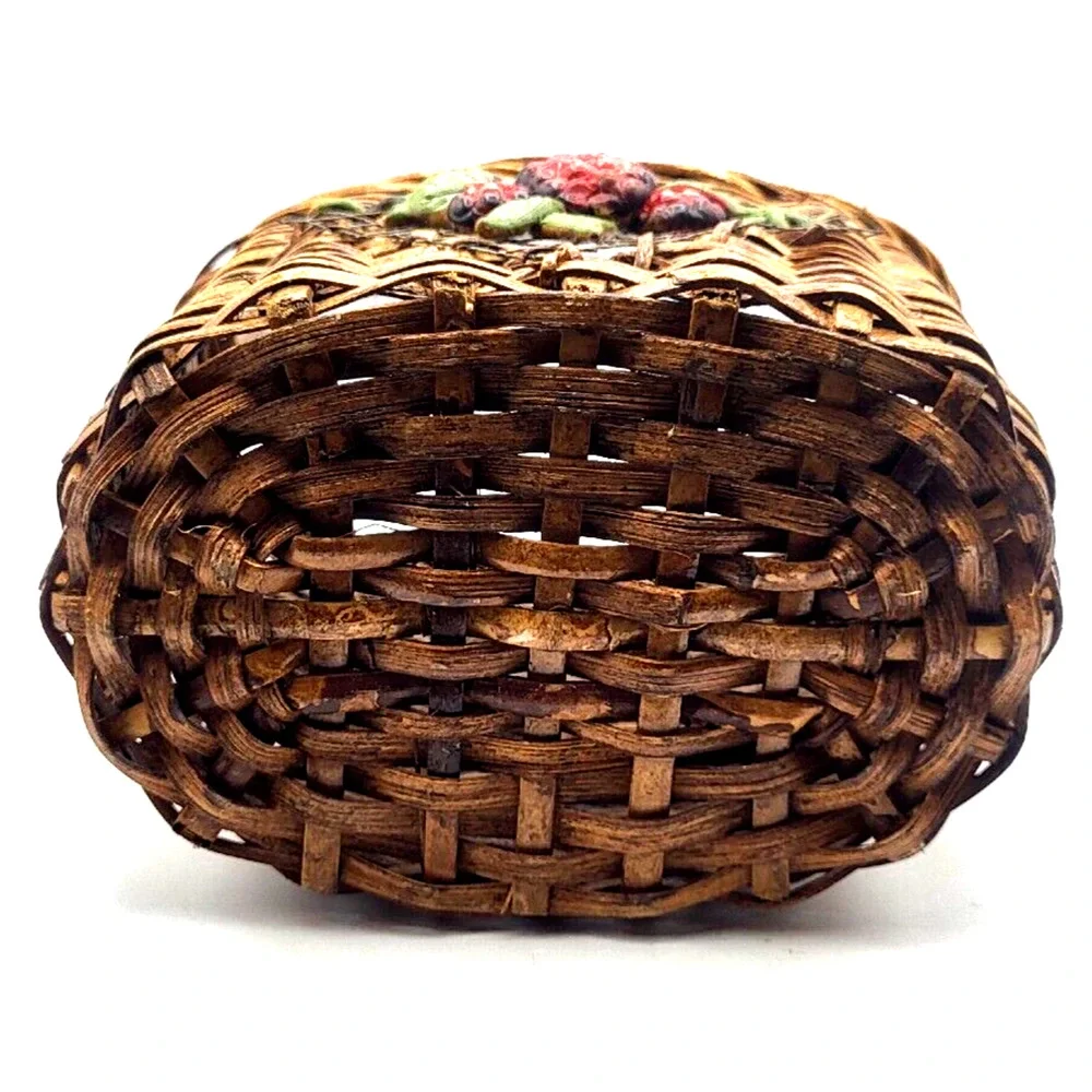 Vintage Farmhouse Basket with Strawberries Bamboo Handle 17x6